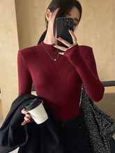 Solid Color Stand Collar Rib-Knit Fitted Women Long Sleeve Sweater