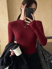 Solid Color Stand Collar Rib-Knit Fitted Women Long Sleeve Sweater