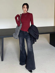 Solid Color Stand Collar Rib-Knit Fitted Women Long Sleeve Sweater