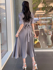 Shein DAZY Solid Color V-Neck Puff Sleeve Pleated Mid-Length Dress