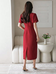 Solid Color Women Ruffle Sleeve Dress