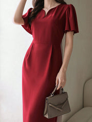Solid Color Women Ruffle Sleeve Dress