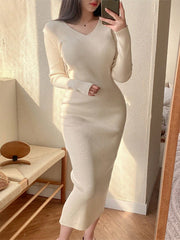 Solid Ribbed Knit Split Back Sweater Dress