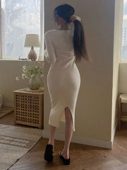 Solid Ribbed Knit Split Back Sweater Dress