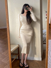 Solid Ribbed Knit Split Back Sweater Dress