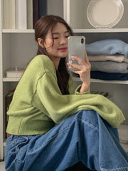 Vintage Minimalist V-Neck Long Sleeve Pullover Sweater