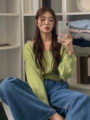 Vintage Minimalist V-Neck Long Sleeve Pullover Sweater