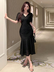 Shein DAZY Women's V-Neck Solid Color Ruffled Hem Fish Tail Elegant Sleeveless Short Homecoming Dress