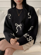 Women Casual Daily Fashion Round Neck Dropped Shoulder Loose Bow Pattern Pullover Sweater