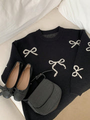 Women Casual Daily Fashion Round Neck Dropped Shoulder Loose Bow Pattern Pullover Sweater