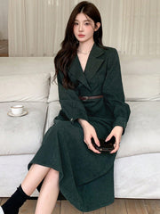 Women Cross-Wrapped Solid Color Elegant Long Sleeve Midi Dress