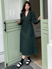 Women Cross-Wrapped Solid Color Elegant Long Sleeve Midi Dress