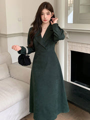 Women Cross-Wrapped Solid Color Elegant Long Sleeve Midi Dress
