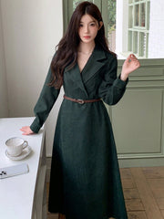 Women Cross-Wrapped Solid Color Elegant Long Sleeve Midi Dress