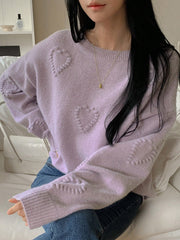 Women Loose Fit Heart Jacquard Round Neck Long Sleeve Sweater