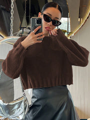 Women Solid Color Round Neck Loose Casual Pullover Sweater