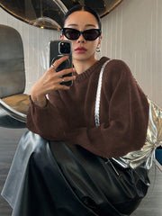 Women Solid Color Round Neck Loose Casual Pullover Sweater