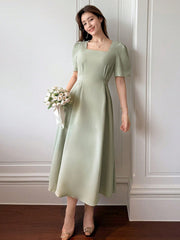 Women Square Neck Short Sleeve Elegant Mid-Calf Dress