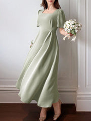 Women Square Neck Short Sleeve Elegant Mid-Calf Dress