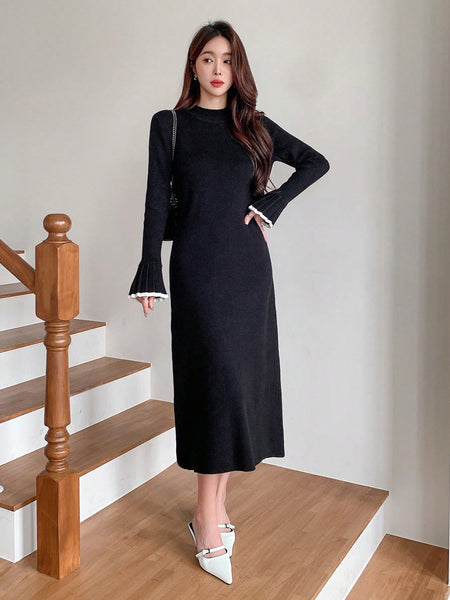 Shein DAZY Women s Black Crew Neck Long Sleeve Fitted Colorblock Sweater Dress