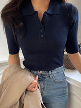 Women's Half-Placket Polo Collar Knit Top With Short Sleeves