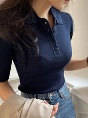 Women's Half-Placket Polo Collar Knit Top With Short Sleeves