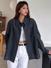 Women's Casual Business Long Sleeve Striped Loose Shirt