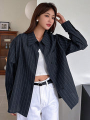 Women's Casual Business Long Sleeve Striped Loose Shirt