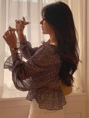 Women's Ditsy Floral Ruffle Hem Fashionable Short Long Sleeve Blouse