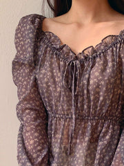 Women's Ditsy Floral Ruffle Hem Fashionable Short Long Sleeve Blouse