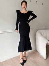 Women's Elegant Fitted Patchwork Ruffled Fishtail Sweater Dress
