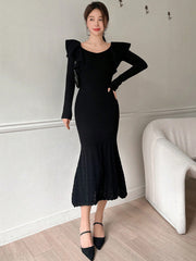 Women's Elegant Fitted Patchwork Ruffled Fishtail Sweater Dress