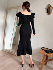 Women's Elegant Fitted Patchwork Ruffled Fishtail Sweater Dress
