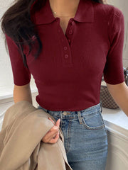 Women's Half-Buttoned Polo Collar Knitted Sweater With 3/4 Sleeves