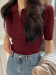 Women's Half-Buttoned Polo Collar Knitted Sweater With 3/4 Sleeves