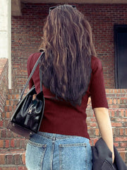 Women's Half-Buttoned Polo Collar Knitted Sweater With 3/4 Sleeves