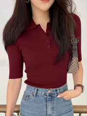 Women's Half-Buttoned Polo Collar Knitted Sweater With 3/4 Sleeves