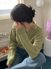 Women's Solid Color Cable Knit Cropped Sweater, Autumn