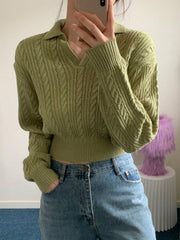 Women's Solid Color Cable Knit Cropped Sweater, Autumn