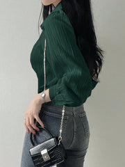 Women's Pleated Solid Color Lapel Loose Blouse