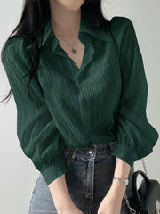 Women's Pleated Solid Color Lapel Loose Blouse
