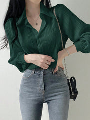 Women's Pleated Solid Color Lapel Loose Blouse