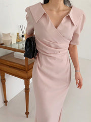 Women's Polo Collar Short Sleeve Waist Fit Mermaid Midi Dress Shirt Dress