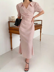 Women's Polo Collar Short Sleeve Waist Fit Mermaid Midi Dress Shirt Dress
