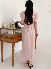 Women's Polo Collar Short Sleeve Waist Fit Mermaid Midi Dress Shirt Dress