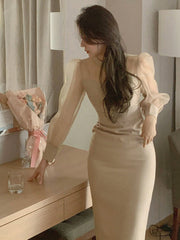 Women's Round Neck Sheer Panel Cinched Waist Mid-Length Dress