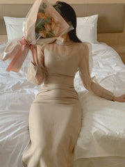 Women's Round Neck Sheer Panel Cinched Waist Mid-Length Dress
