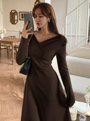 Overlap V-Neck Long Sleeve Midi Dress
