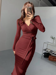 Women's Solid Color Self-Tie Wrap Midi Dress