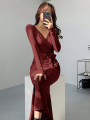 Women's Solid Color Self-Tie Wrap Midi Dress